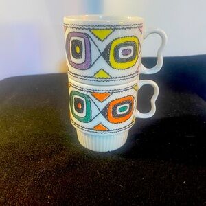 2 Vintage Japan Stacking Mug With Retro Fl  Design Groovy MCM